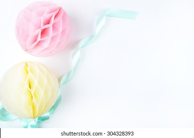 Paper Colorful Balls. Table View And Mock Up Background. Wedding Invitation