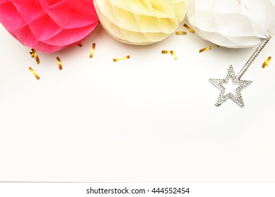 Paper Colorful Balls. Table View And Mock-up Background. Wedding Background.
Confetti And Stars. Flat Lay. Magic Wand Star. 