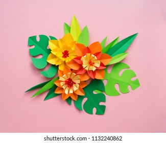 Paper Craft Flower Decoration Concept. Flowers And Leaves Made Of Paper. Tropics. Pink Background.