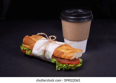 Paper Cup With Coffee  And Sandwich/ Street Food