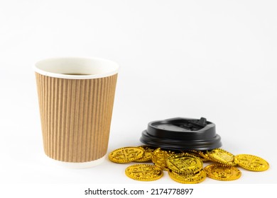 Paper Cup Coffee And Toy Gold Coins. Image Of Latte Money