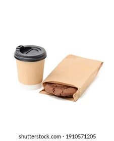 Paper Cup And Round Chocolate Chip Cookies In Narrow Paper Brown Food Bag Isolated On White Background, Takeaway Food