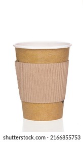 Paper Cup Of Takeaway Hot Drink With Brown Coaster. Isolated On White Background.