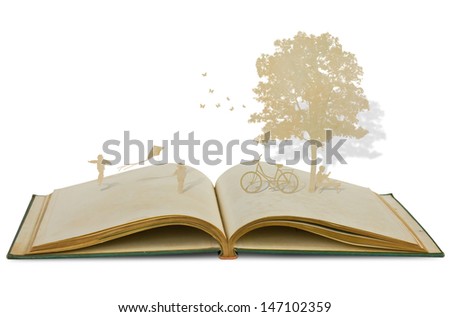 Paper cut of children play on old book