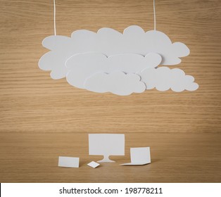 Paper cut of Cloud computing concept on wood