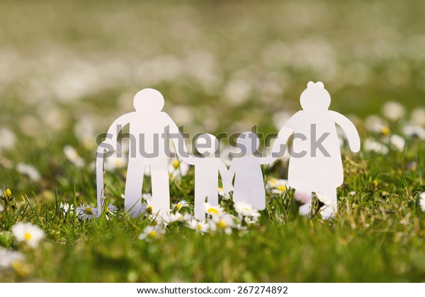Paper cut\
of family with flowers background on a green grass.Family Life\
Insurance.Protecting family, family concepts.\
