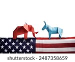 Paper cut out of Democratic Blue Donkey and Republican red elephant over the American flag, origami Political Donkey And Elephant Symbols, American flag, Republican vs Democrat, Election Day, vote