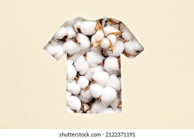 Paper cut t-shirt shape filled with cotton flowers. Organic cotton production, sustainable, ethical shopping, slow, circular fashion concept