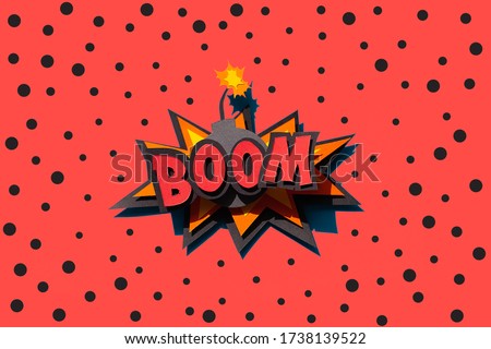 Paper cutting comic speech bubble on red background with dots. Boom. Bomb. 