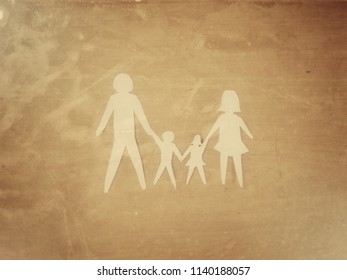 Paper Cutting Image Of Familly With Vintage Faded Background