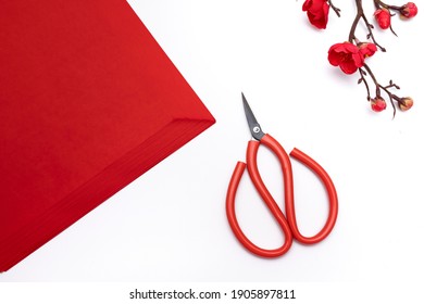 Paper Cutting Tools, Scissors, Red Rice Paper