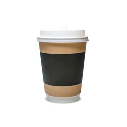 Small White Paper Cup of Coffee with brown Sleeve and Lid Isolated on ...