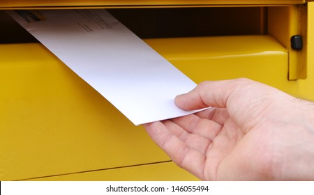 Paper Envelope With Letter Sending In Yellow Mailbox. Concepr To Mailing And Connection.