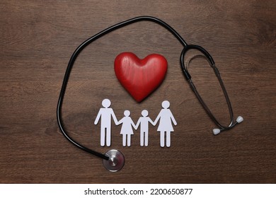 Paper family cutout, red heart and stethoscope on wooden background, flat lay. Insurance concept - Shutterstock ID 2200650877