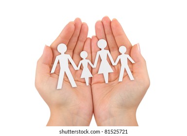 Paper Family In Hands Isolated On White Background