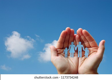 Paper Family In Hands On Blue Sky Background Welfare Concept