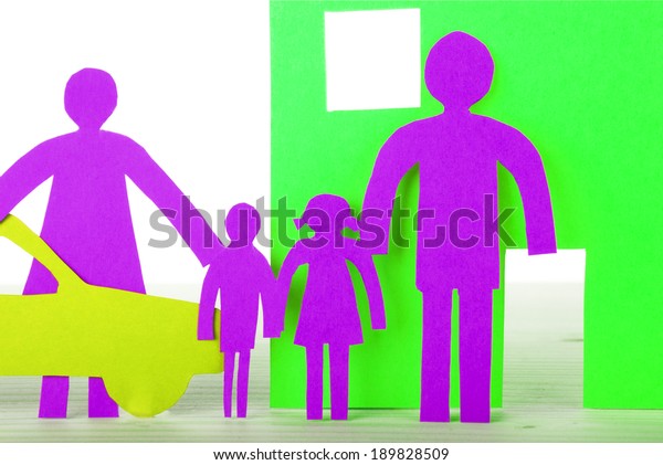 A Paper Family with House and Car in Neon
Colors, Isolated