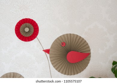 Paper Fan Tutorial. Origami Flowers. Simple Paper Rosettes Decoration DIY. Party Backdrop. Paper Flowers And Birds On The Wall. 