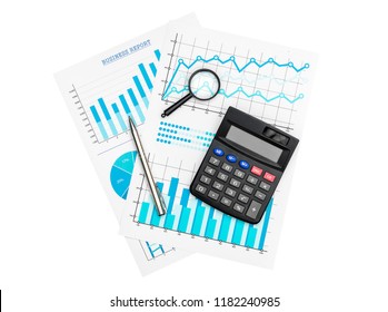 Paper Financial Graphs And Charts With Calculator, Magnifying Glass And Pen Isolated On White.