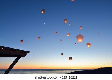 Paper Floating Lanterns Release On Grouse Mountain, Vancouver, BC