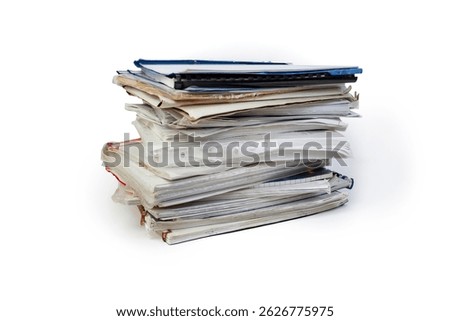 Paper folders stack isolated on white background, abstract textured backdrop 