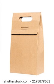 Paper Food Box Packaging Mockups Brown Color. Blank Craft Folding Bag Mockup, Side View. Carton Bottle Package With Handle For Carrier Mockup Isolated. Clear Disposable Paperboard Holder For Alcohol D