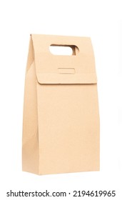 Paper Food Box Packaging Mockups Brown Color. Blank Craft Folding Bag Mockup, Side View. Carton Bottle Package With Handle For Carrier Mockup Isolated. Clear Disposable Paperboard Holder For Alcohol D