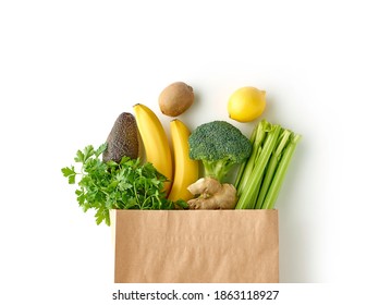 Paper Grocery Bag Full Of Healthy Fruits And Vegetables Top View Isolated On White Background