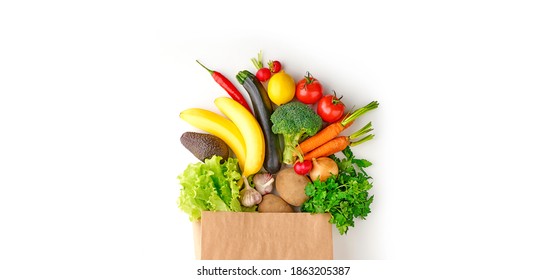 Paper Grocery Bag Full Of Healthy Fruits And Vegetables Top View Isolated On White Background