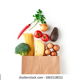 Paper Grocery Bag With Vegetables, Pasta, Eggs And Cheese Top View Isolated On White Background