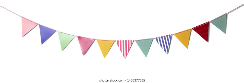 Paper party flags for decoration and covering on white background.