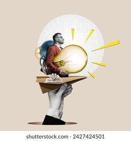 Paper plane with a businessman and a large light bulb. Art collage. - Powered by Shutterstock