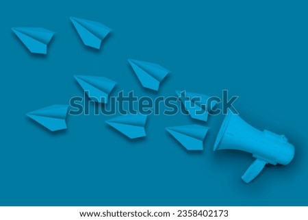 Paper plane, Loudhailer or megaphone, loudspeaker. Announcement, advertising, public hearing concept.