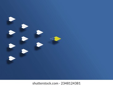 paper planes flying in formation with one paper glider leading the others above blue background, management and leadership concept - Shutterstock ID 2348124381