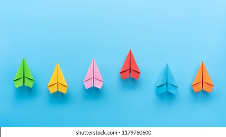 Paper Planes On Blue Background, Business Competition Concept.