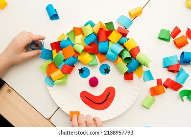 Paper Plate Clown. DIY Games At Home, Activities For Pre-school Kids. 5 Minute Crafts. Children Joy And Funny To Cut A Hair For Clown.  Red Nose Day Theme.