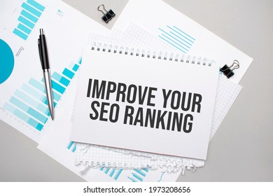 Paper Plate With Text Improve Your Seo Ranking. Diagram, Notepad And Blue Background