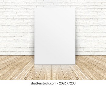 paper poster on the white  brick wall and the wood floor,template for your content