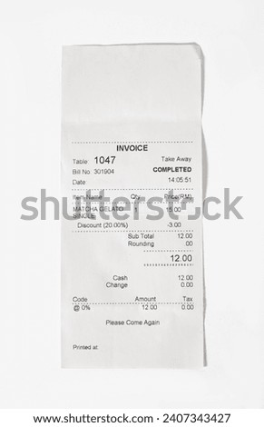 Paper printed sales shop receipt isolated on white background