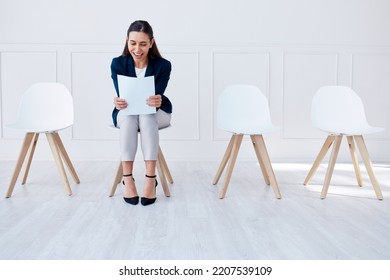 Paper, Recruitment And Hiring Of Business Woman In A Waiting Room For A Corporate Company Job Interview. Excited, Smile And Contract For Job Success, Promotion Or New Career While Reading A Document