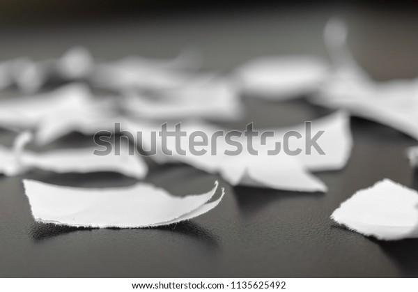 Paper ripped\
in many pieces with blurry\
background