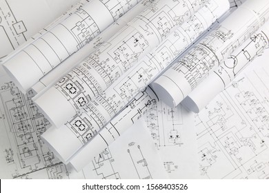 Paper Rolls Of Electrical Engineering Drawings Close Up