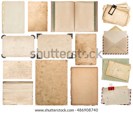 Paper sheet, book, envelope, photo frame with corner isolated on white background. Set of scrapbook elements