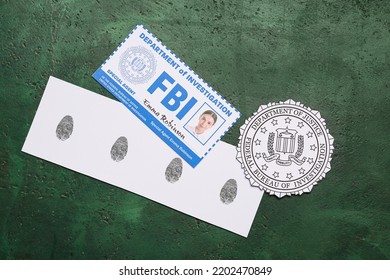 Paper Sheet With Finger Prints, Document Of FBI Agent And Seal On Color Background