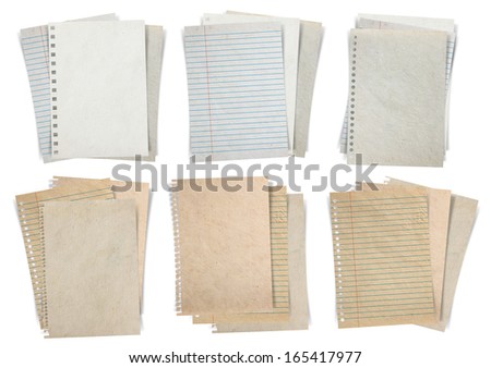 Paper sheet, (stacks of paper, lined paper and note paper) isolated on white background, Objects with clipping paths for design work 