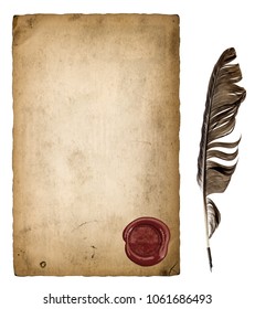 Paper sheet with wax seal and ink feather pen isolated on white background