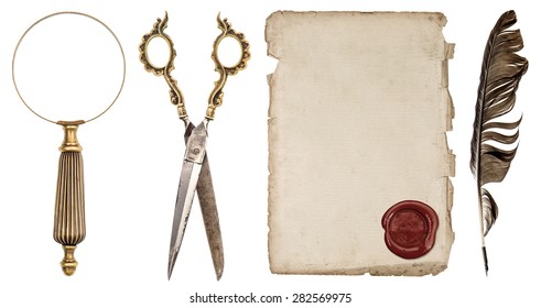 Paper sheet with wax seal, ink feather pen, magnifying glass and scissors isolated on white background. Antique scrapbook objects