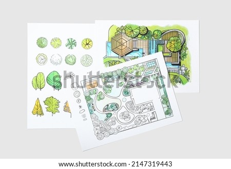 Paper sheets with sketches for landscape design on light background
