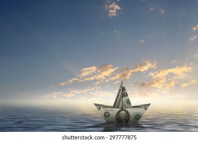 Paper Ship Floating On Water On Waves