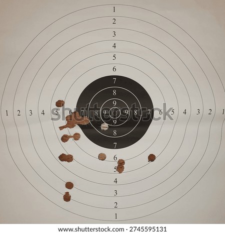 Paper shooting target with multiple bullet holes after practice. Concept of sports shooting, marksmanship training, firearms safety, and hitting the goal on a white background.